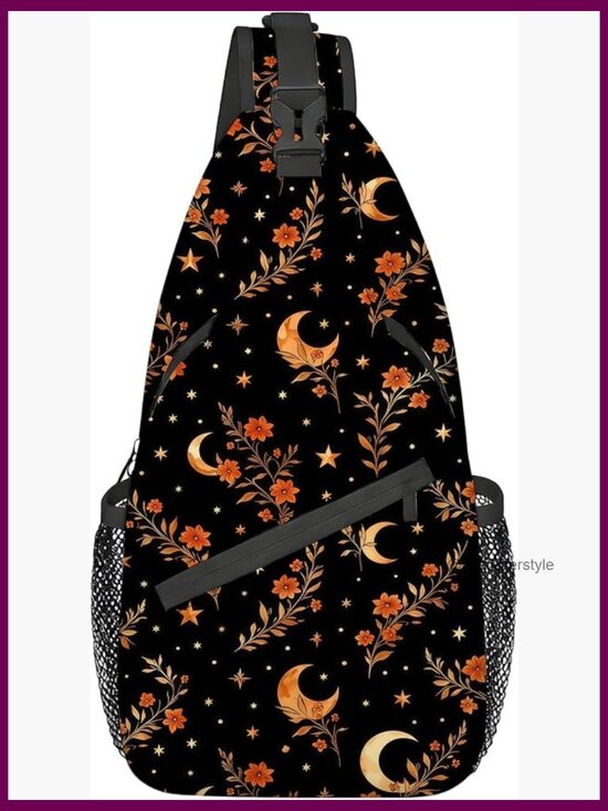 Moon and Floral Pattern Sling Bag Crossbody Backpack Lightweight Daypack with main image 7